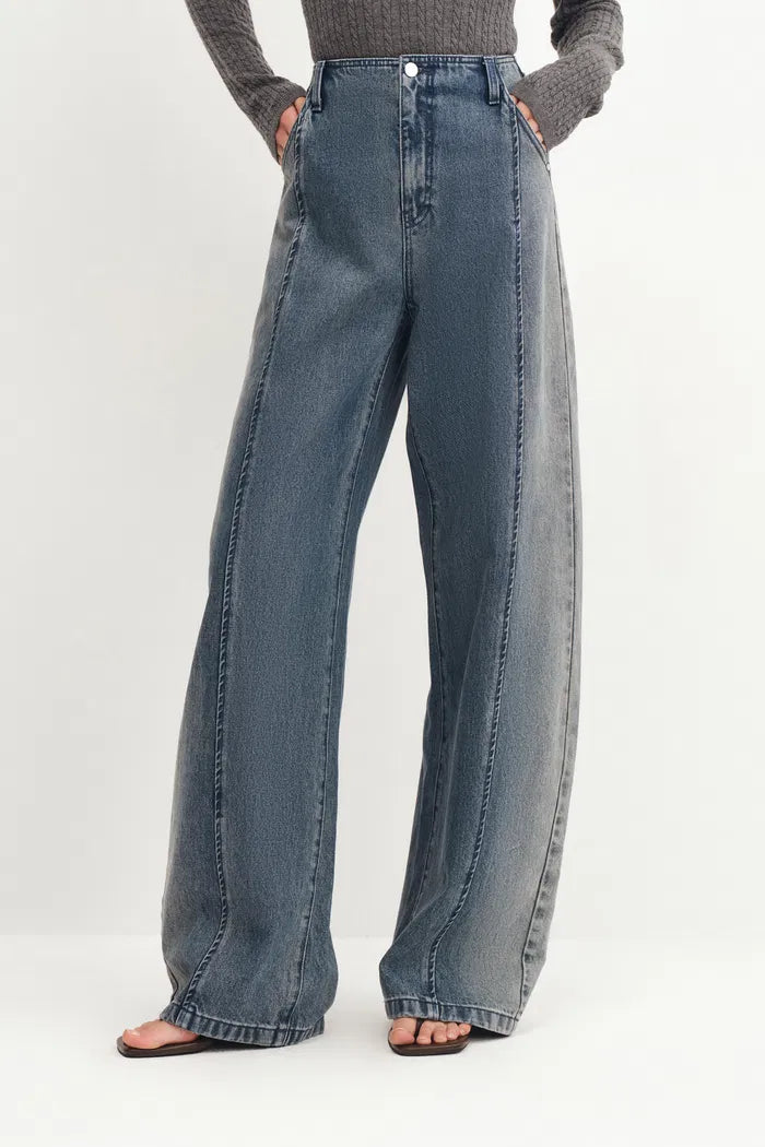 Paz Yellowish Baggy Washed Jeans in Cotton Denim