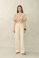 Floris Floral Print Sheer Lace Top in Silk Linen Blend