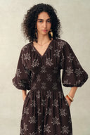 Cleo Smocked Handpainted Floral Puff Sleeve Midi Dress in Cotton