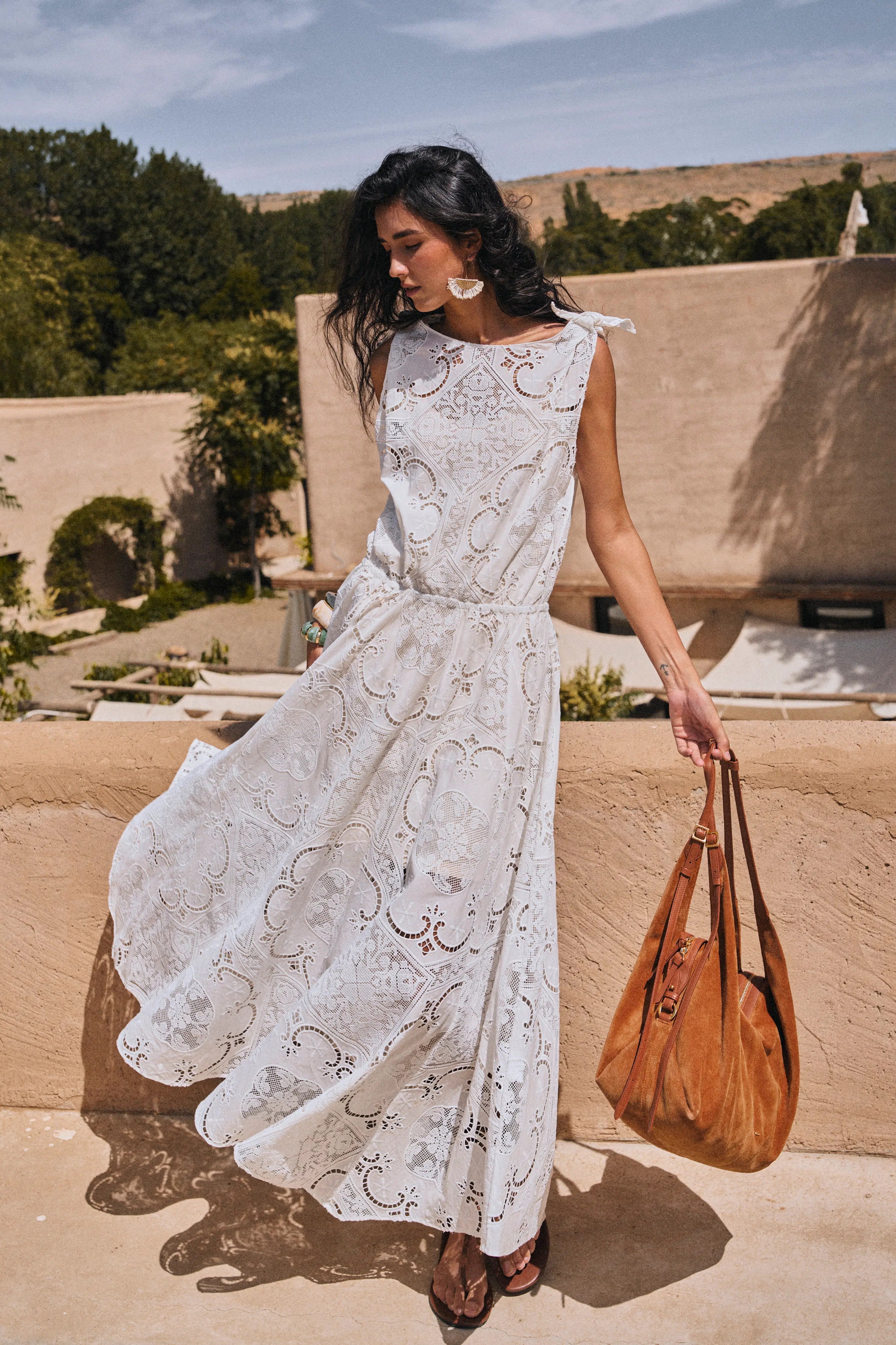 Nellie Cutwork Embroidered Scarf Tie Layered Sleeveless Dress in 100% Cotton with Lace XL