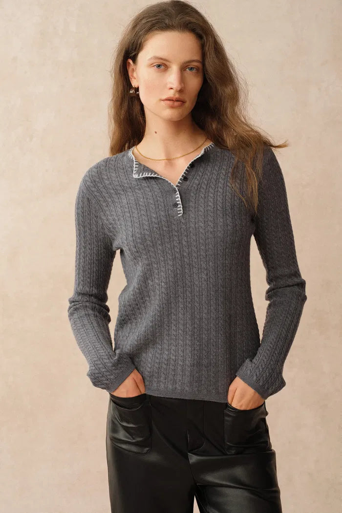 Mika Henley Neck Long Sleeve Top in Merino Wool Cable Knit