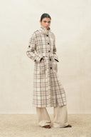 Fleur Textured Plaid Belted Long Coat in Wool Blend