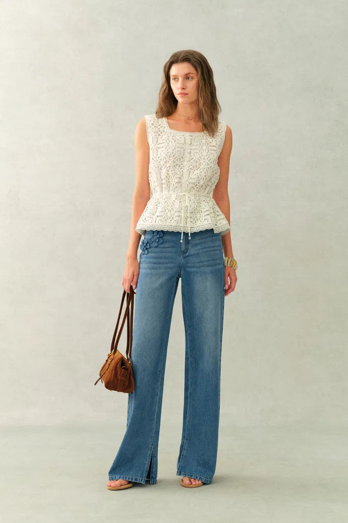 Margaux 3D Floral Slit Jeans in Cotton Denim