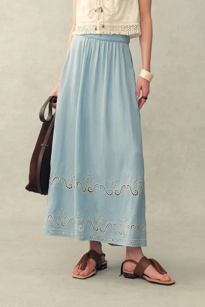 Shirley Eyelet Embroidered Washed Light-Blue Denim Skirt in Tencel Denim