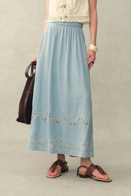 Shirley Eyelet Embroidered Washed Light-Blue Denim Skirt in Tencel Denim