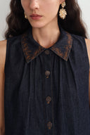 Ensemble assorti haut sans manches et shorts Zach en denim soie-coton
