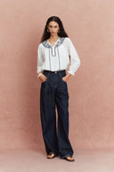 Celia Boho Embroidery Matching Blouse and Shorts Set in Silk-Cotton Blend