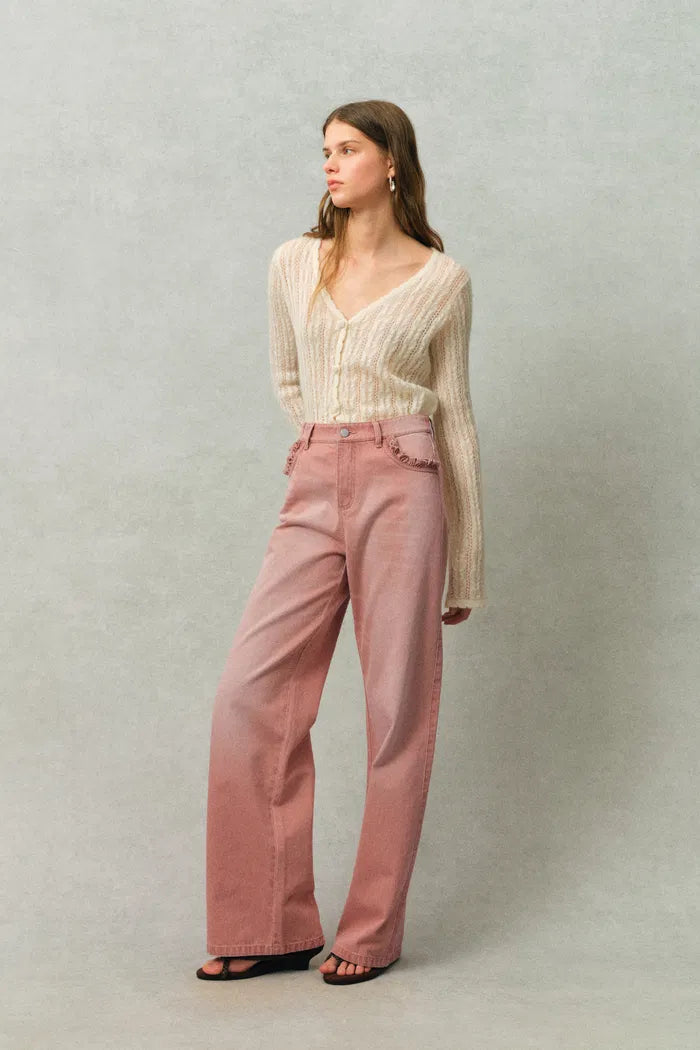 Delphine Ruffled Hem Pink Jeans in Cotton Denim