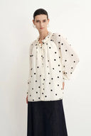 Kari Ruffle Neckline  Polka Dot Blouse in Silk Satin