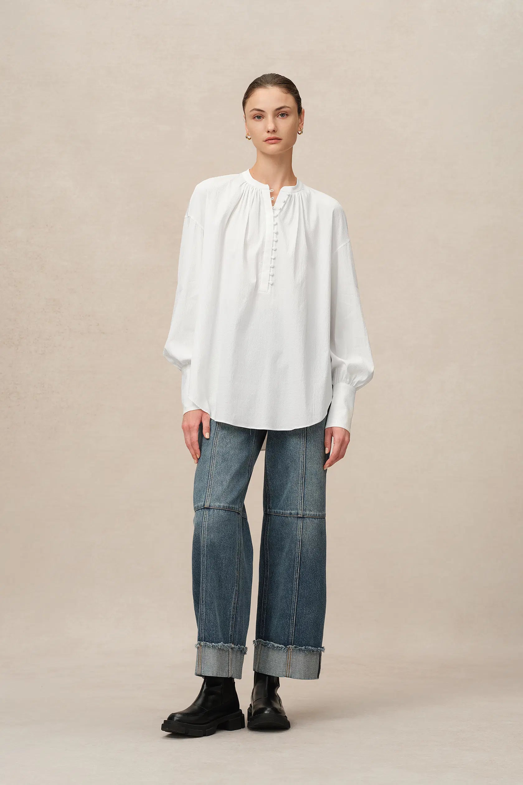Lila Stand Collar Blouse Tencel Cotton