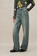 Jeans Skylar a Gamba a Barile con Cintura a Nastro in Denim di Cotone Lavato