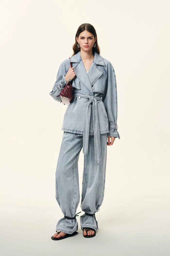 Calista Belted Trench Style Coat in Lightweight Cotton Denim
