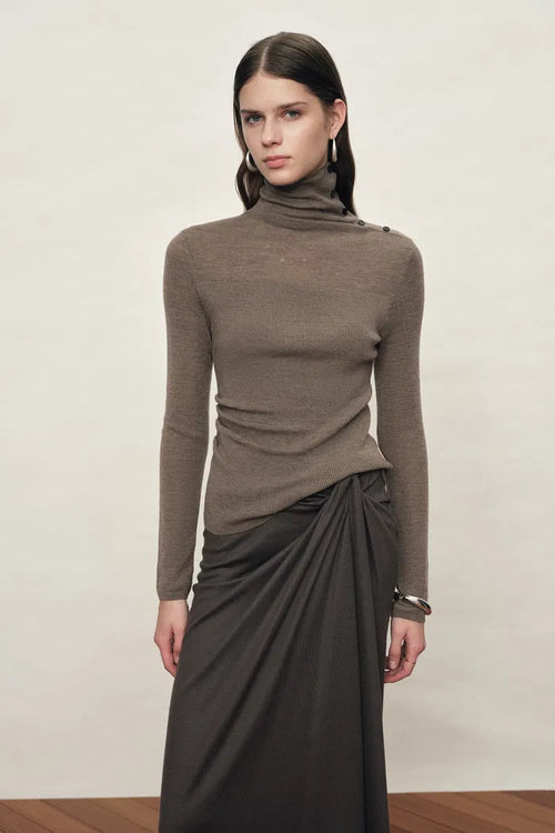 Lumina Slouchy Turtleneck Semi Sheer Bodice Fitted Top in Combed Wool