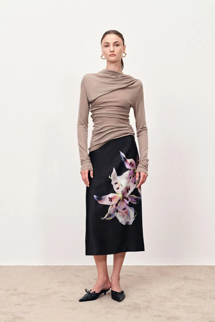 Miltonia Hand Painted Straight Skirt in Silk-Wool Satin