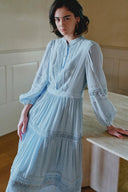 Eloise Cutwork Embroidery Long Puff Sleeve Dress in Fine-Pleated Viscose Blend