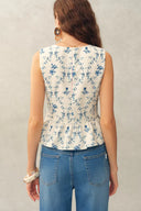 Elara Pleated Floral Square Neck Pearl Button Sleeveless Top in Linen Blend