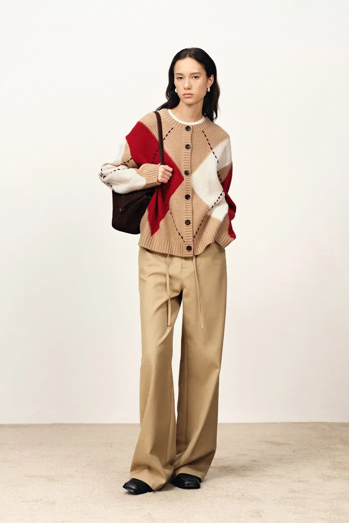 Luce Hand Embroidered Lines Large Plaid Cardigan in Merino Wool