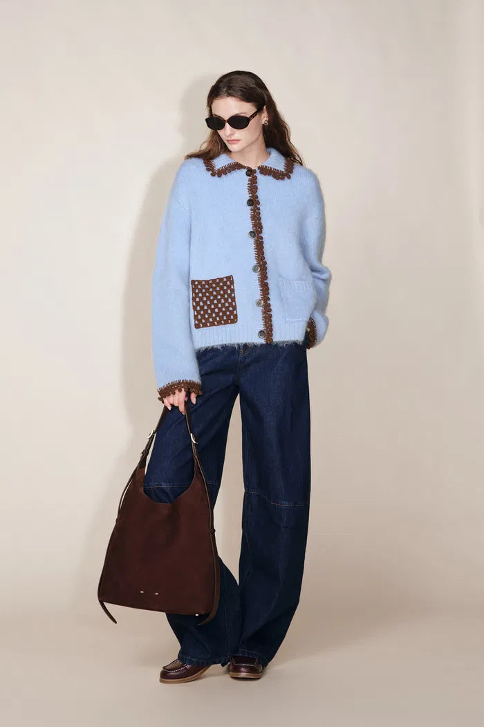 Lvy Hand Crochet Pom Pom Cardigan in Mohair Blend Knit