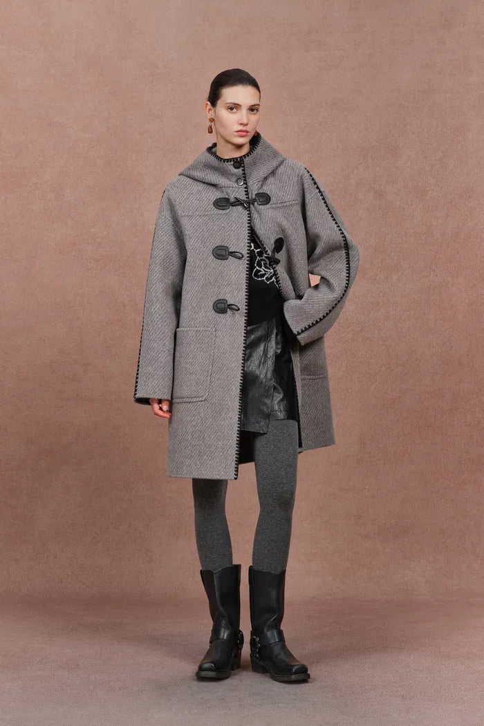 Vivien Horn Button Hooded Coat in Herringbone Wool Camel Down