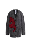 Polly V Neck Pony Motif Cardigan in Alpaca Blend Knit
