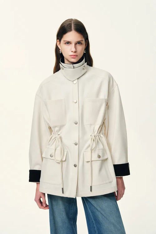 Amy Drawstring Waist White Cowboy Jacket in Cotton Denim