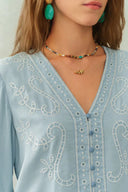 Marmont Pin Tuck Embroidery Blouse and Skirt Matching Set in Tencel Denim