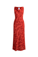 Red sleeveless cowl neck maxi dress with subtle floral jacquard pattern, front view on white background.