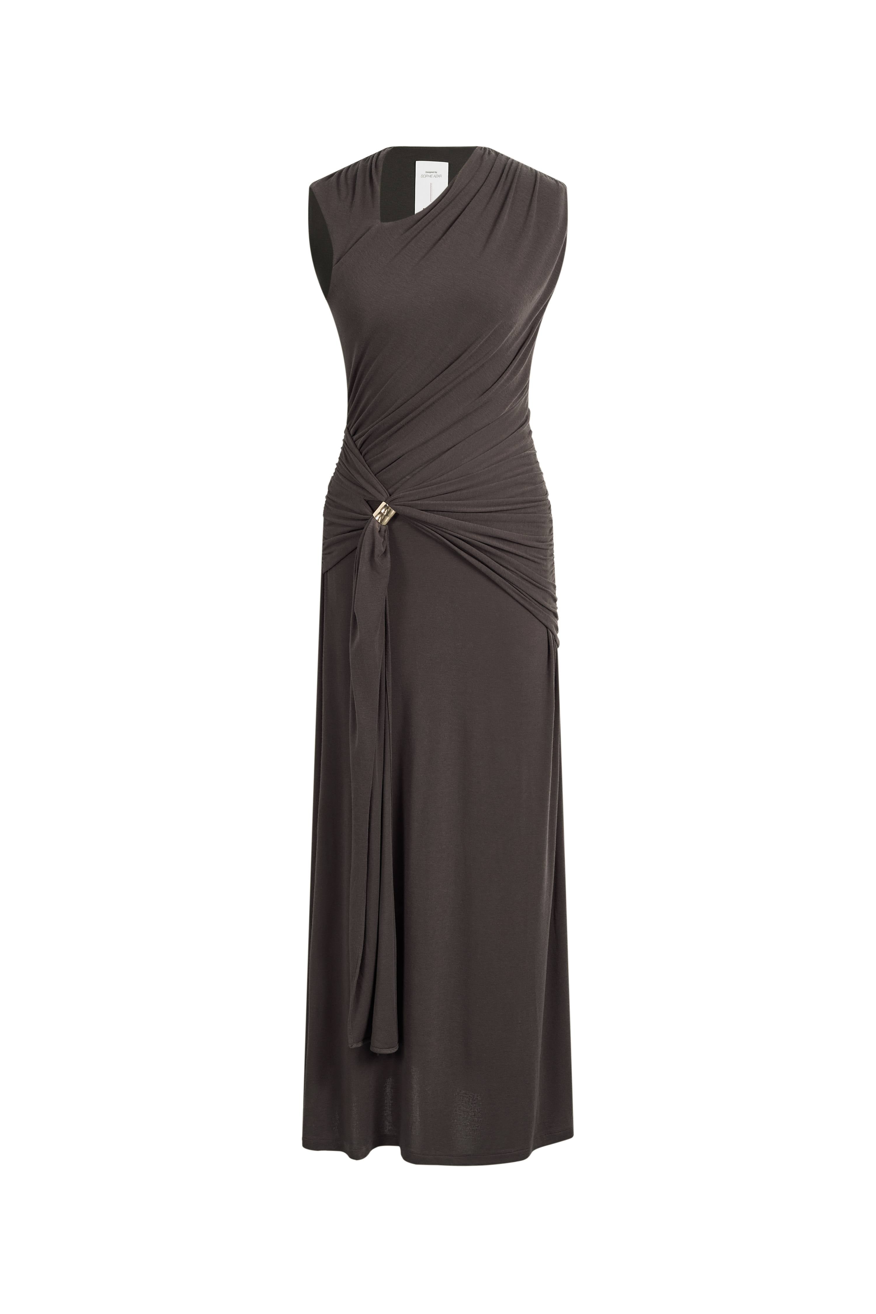 Delilah Gray Asymmetric Draped Sleeveless Dress in wool Blend Knit –