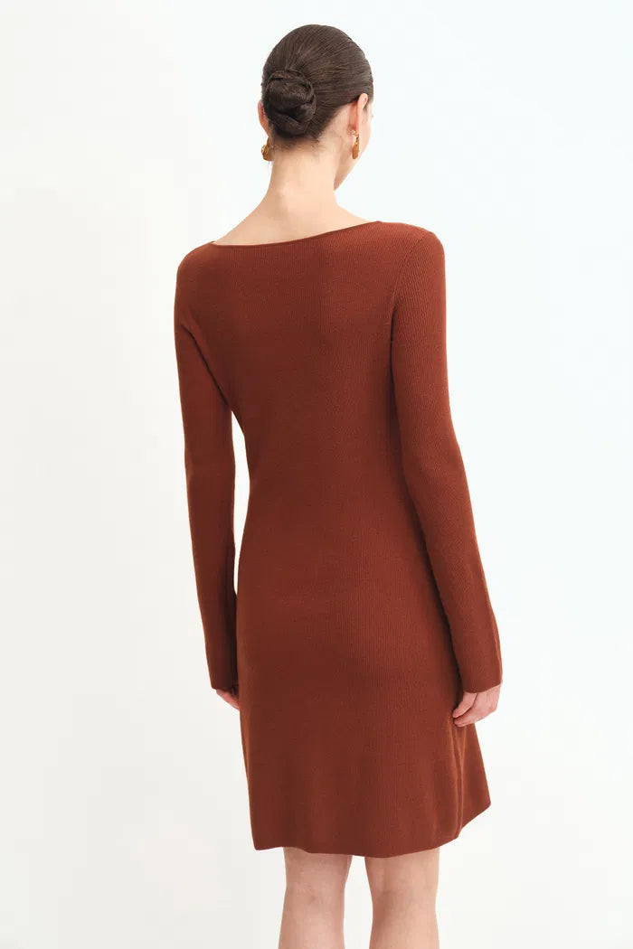 Emily Red Henley Collar Fitted Short Dress in Merino Wool Knit