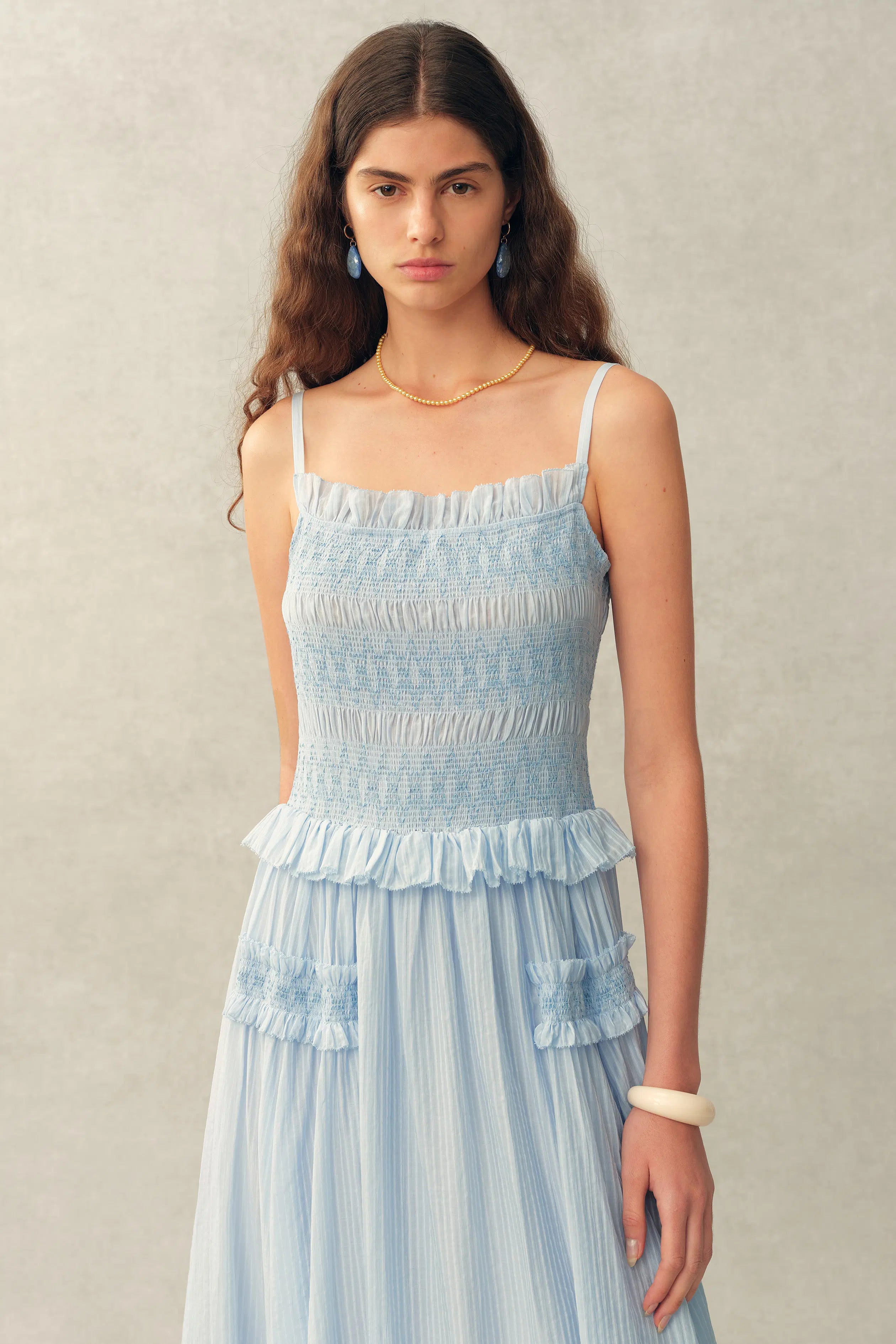 Cirra Smocked Ruffle Trim Striped Sleeveless Cami Dress in Sheer Fabric L
