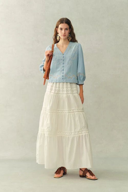 Marmont Pin Tuck Embroidery Blouse in Tencel Denim