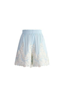Paz Blue Embroidered Shorts in Silk-Linen Blend
