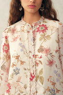 Adelaide Handpainted Floral Blouse in Silk Linen Organza