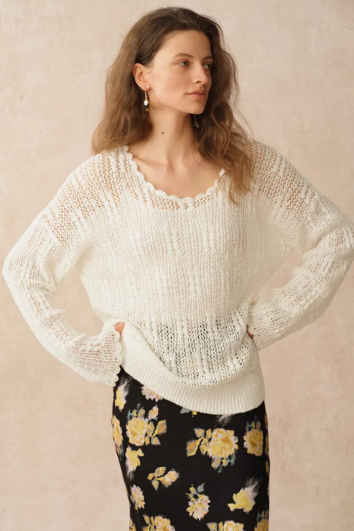 Livy Scalloped Neckline Cardigan in Textured Cotton Knit