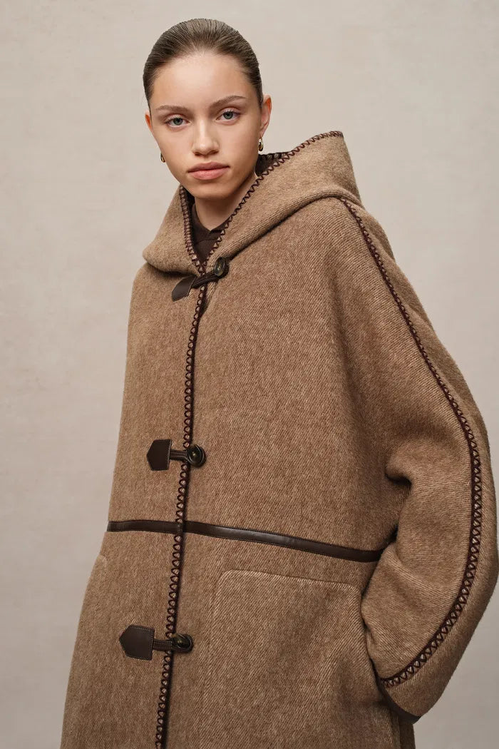 Paletot Inspired Overlock Stitch Hooded Coat in Merino Wool-Camel