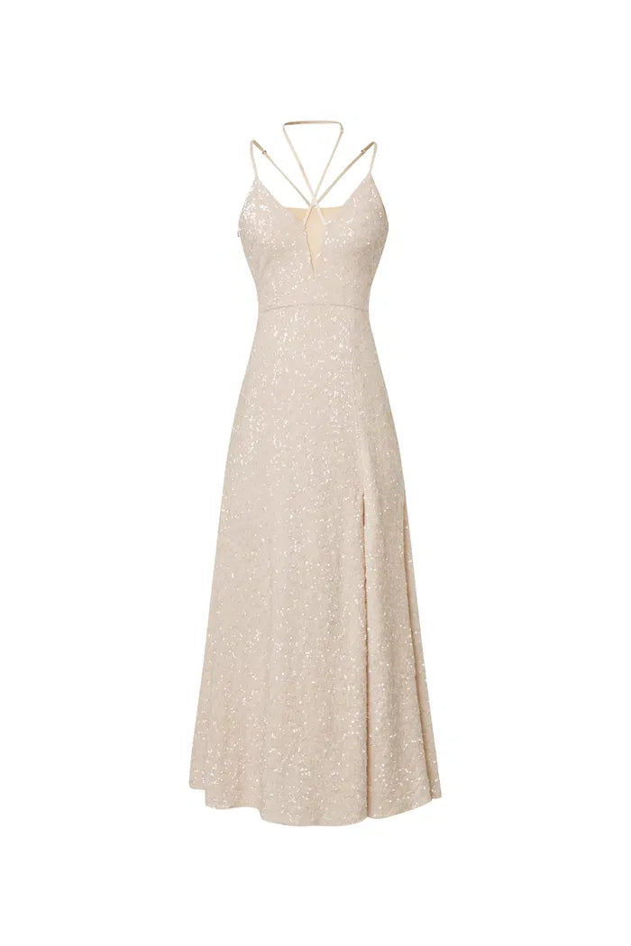Anita Handcrafted Embellishment Slit Slip Dress in Crystal Sequin Lace L Anita Handcrafted Embellishment Slit Slip Dress in Crystal Sequin Lace L