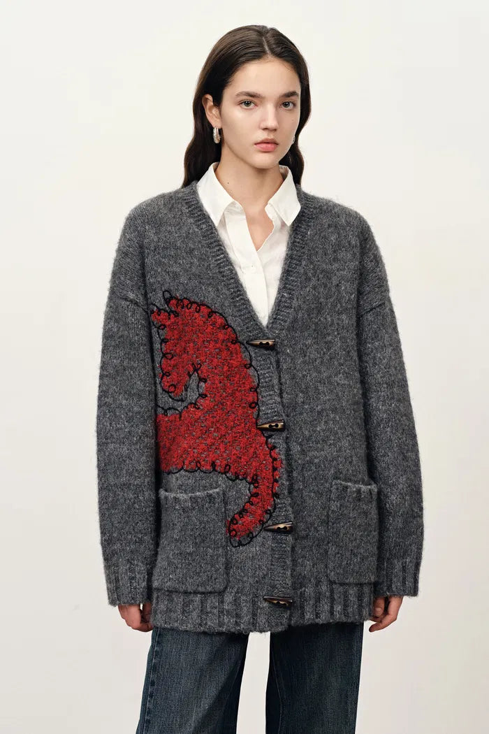 Polly V Neck Pony Motif Cardigan in Alpaca Blend Knit