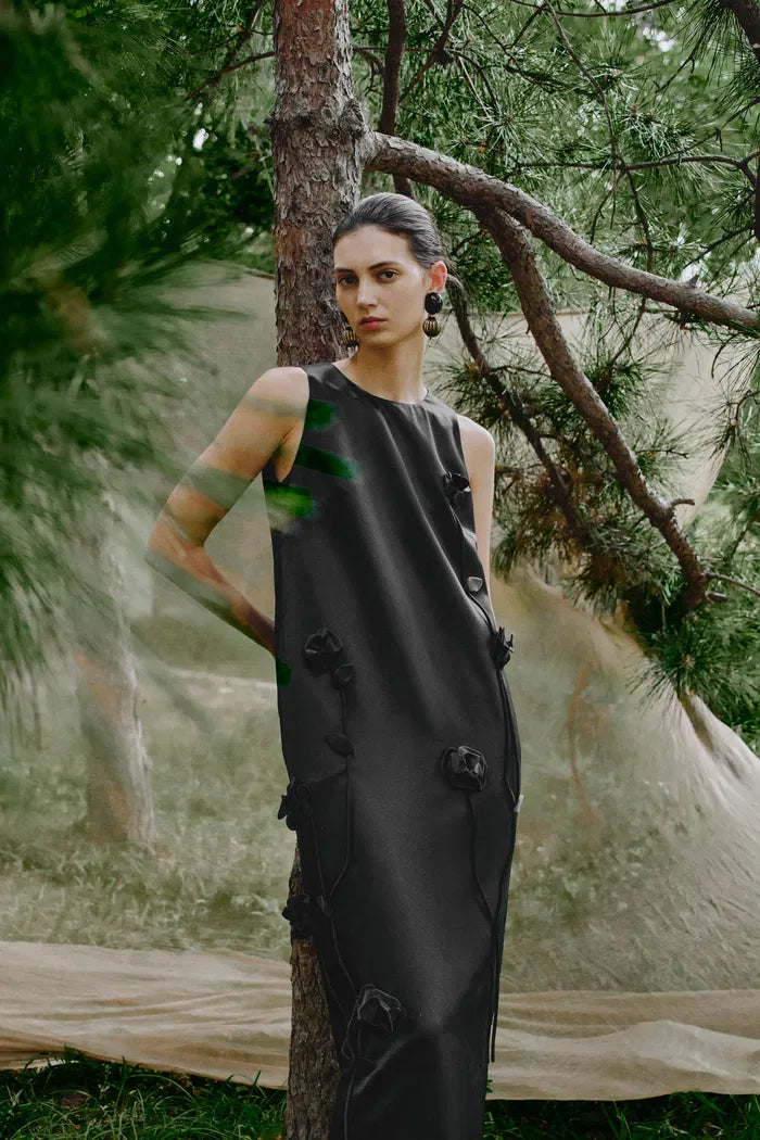 Eleanor Handcrafted Flora 3D Studded Sleeveless Dress in Silk-Wool Satin