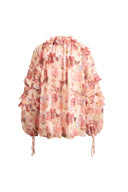 Marie Hand-Painted Print V-Neck Ruffle Top in Sheer Chiffon