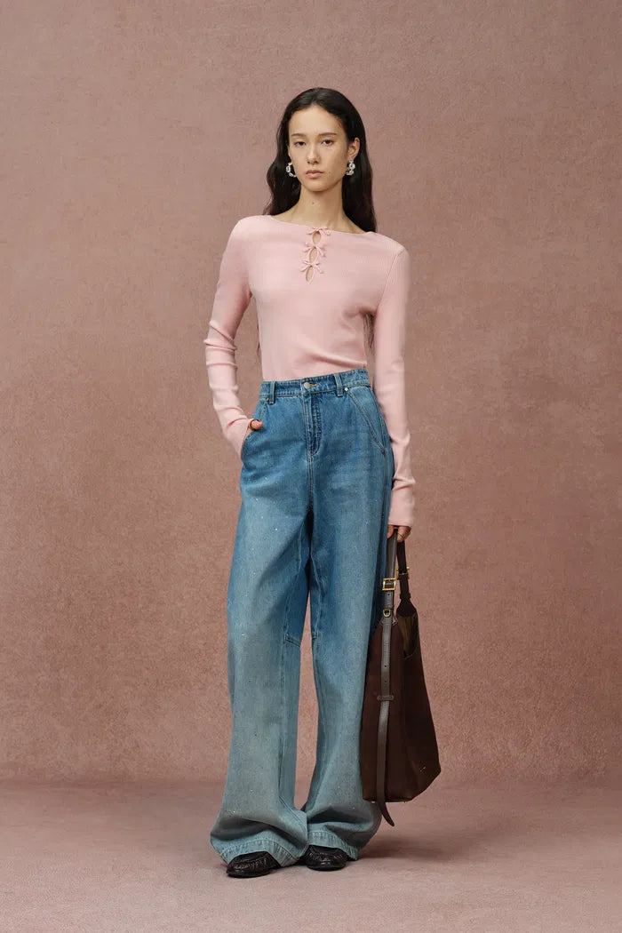 Bow Cutwork Fitted Sweater in Stretchy Merino Wool Knit