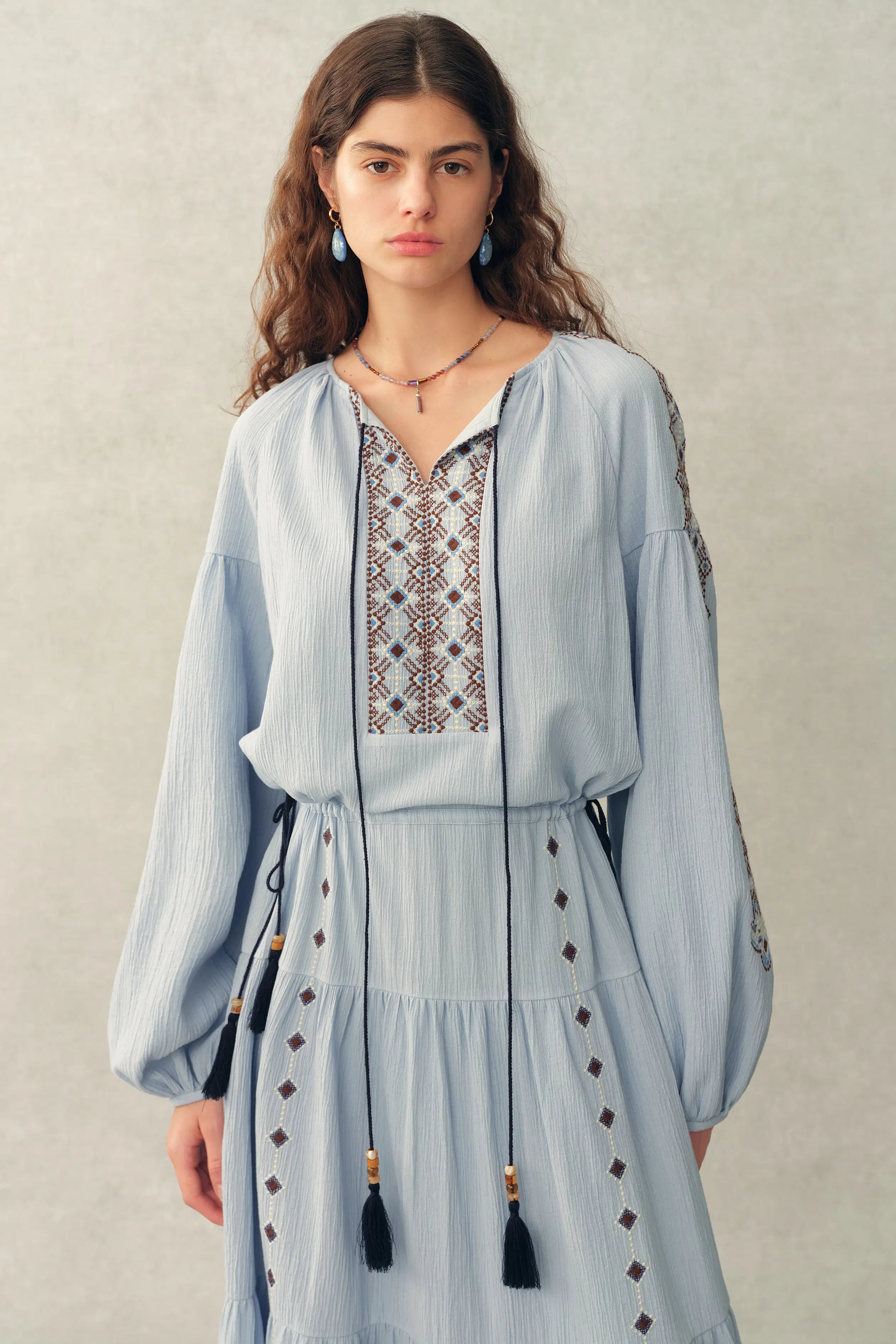 Briana Boho Embroidered Drawstring Long Puff Sleeve Dress in Cotton Crinkle Gauze XS