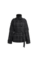 Ainsley Plaid Belted Stand Collar Jacket in Wool Blend