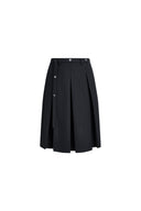 Black Alaia belted pleated midi skirt in wool blend with metal buckle detail