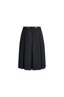 Black pleated wool blend midi skirt with belted waistband and tailored silhouette