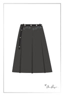 Black wool blend pleated midi skirt with a long belted waist and metal buckle detail