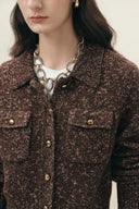 Brown wool blend cardigan with gold bead buttons and patch pockets