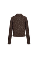 Back view of brown mottled cropped cardigan with long sleeves and ribbed collar