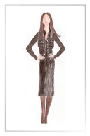 Fashion illustration of a woman wearing a cropped brown cardigan with gold buttons and a pleated midi skirt