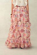 Amélie Hand-Painted Print Ruffle Skirt in Sheer Chiffon
