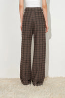 Women's brown plaid wool blend pants with a tailored high waist and wide legs